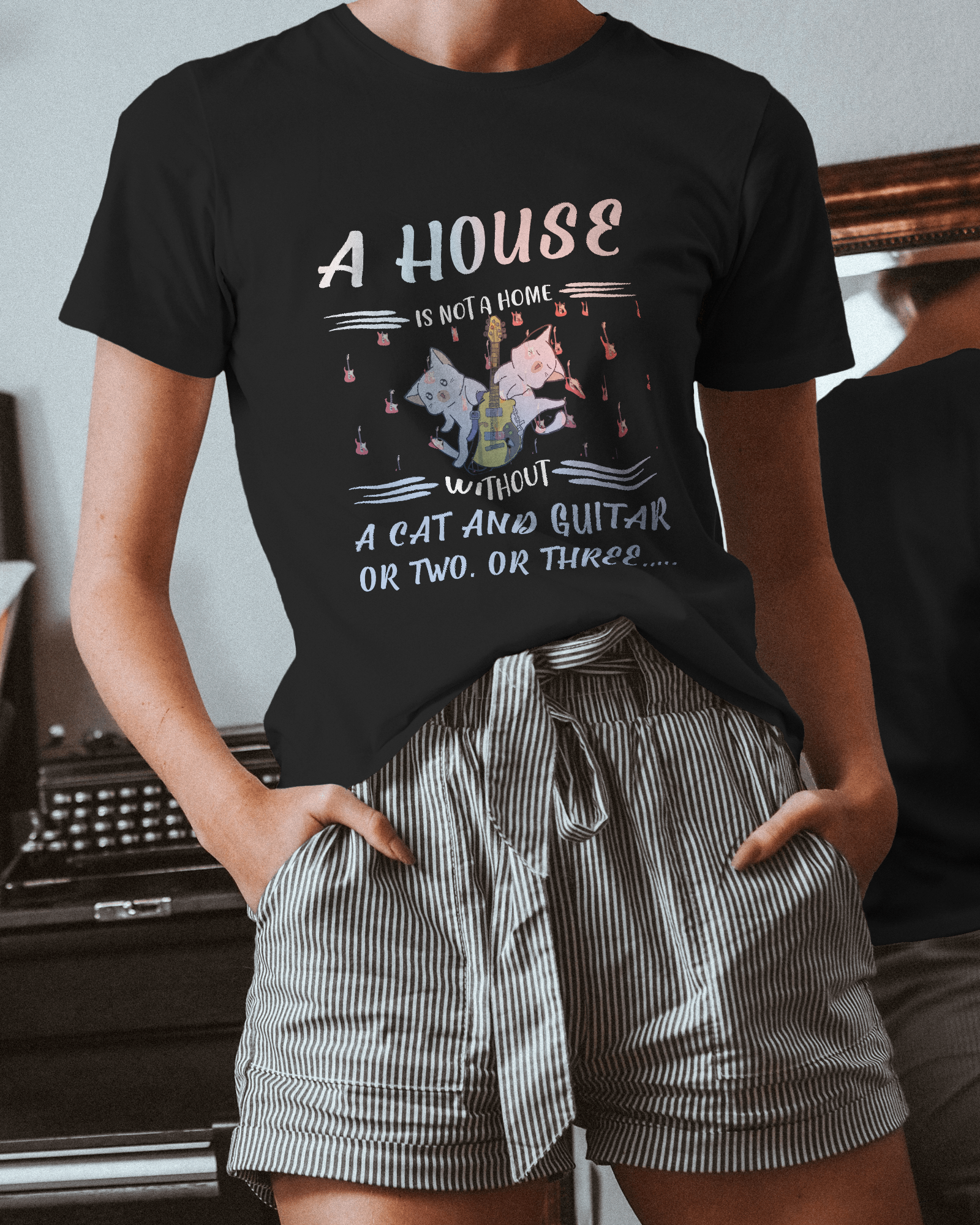 A House Is Not Home Without A Cat and Guitar Unisex Pitch Black T-Shirt