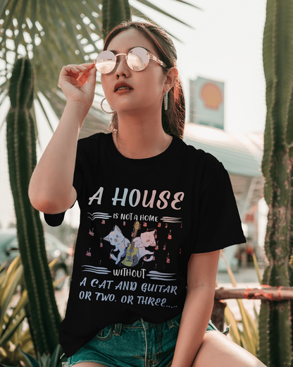A House Is Not Home Without A Cat and Guitar Unisex Pitch Black T-Shirt